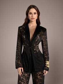 SHEIN Tall Fall Women's Clothing, Commuter Fashion, Fall Women's Clothing, Fall Essentials, Women's Lapel, Long-Sleeved Lace See-Through Slim Fit, Elegant Black Blazer, Women's Lace Jacket, Women's Black Blazer Black Blazer For Women - Black - View 2