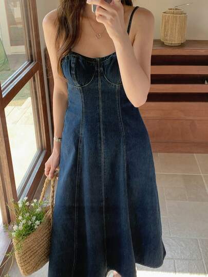 DAZY 女士纯色休闲度假露背吊带牛仔连衣裙