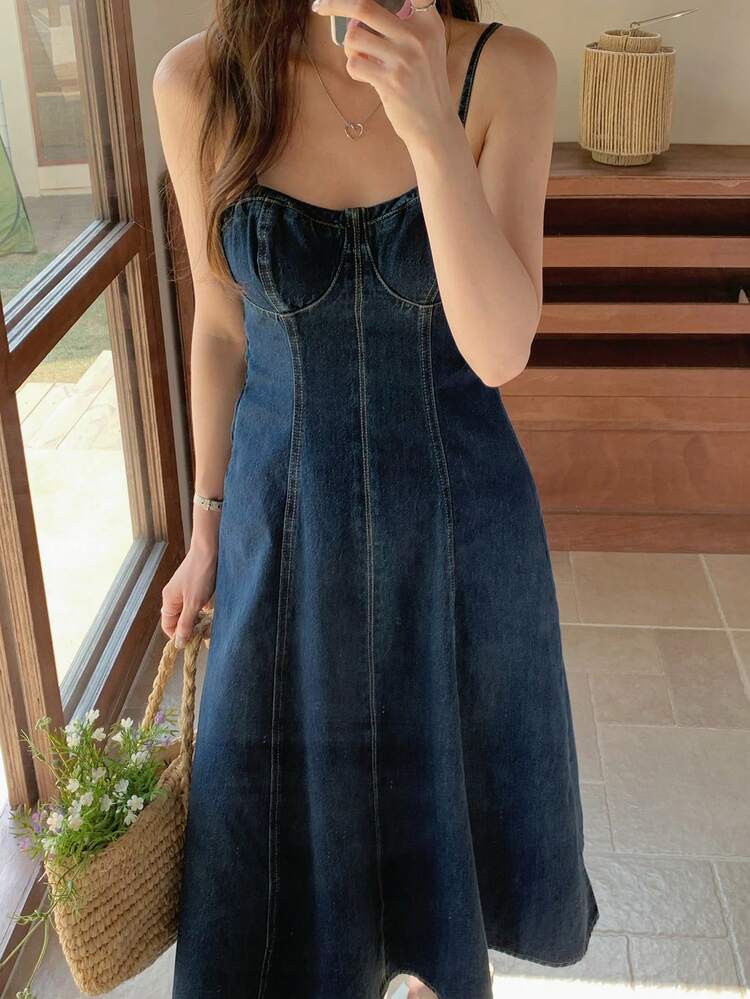 Women's Solid Color Casual Vacation Backless Spaghetti Strap Denim Dress Sun Dresses For Women