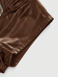 ROMWE Avant 女士复古辣妹风PU低腰装饰垂褶领带露脐上衣和迷你紧身短裤两件套 - 棕色 - 查看 6