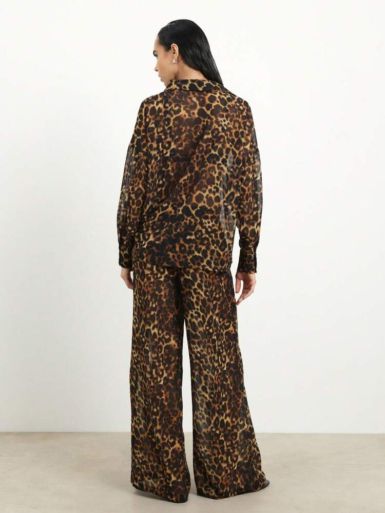 KSTM Leopard Print Two Piece Lounge Set Long Sleeve Button Up Shirt Wide Leg Pants Matching Outfit Loungewear Sleepwear Pajama Set