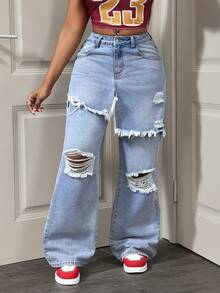 Slaydiva Quần jeans nữ dáng suông, phong cách thường ngày, bạc màu và rách. - Rửa nhẹ - Xem 1
