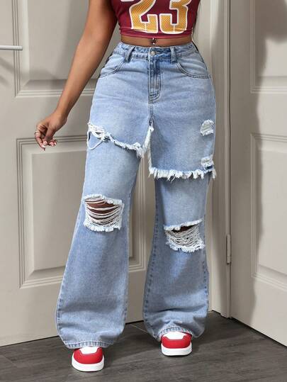 Slaydiva 女士休闲水洗做旧直筒牛仔裤