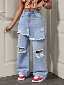 Slaydiva Quần jeans nữ dáng suông, phong cách thường ngày, bạc màu và rách. - Rửa nhẹ - Xem 3