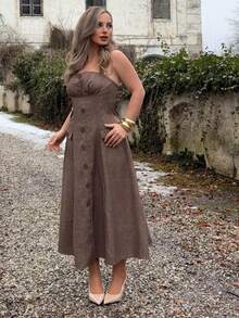 Jeta Ari 女式驼色无袖腰部褶皱A字形吊带连衣裙 - 駝色 - 查看 2