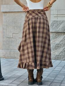 MainGRL SHEIN 春夏女装青春活力休闲高开衩荷叶边格纹中长裙，春夏女装，休闲女装，外出穿着 - 彩色 - 查看 2