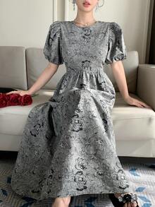 DAZY Vestido Elegante de Verão com Mangas em Pétalas Jacquard para Uso Diário, Vestido de Verão - Preto - Visão 1