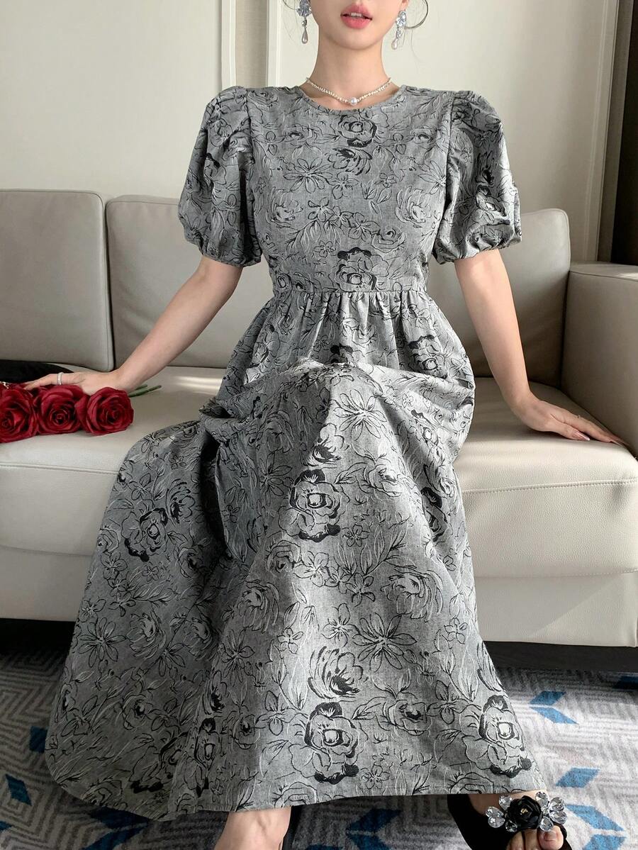DAZY Vestido Elegante de Verão com Mangas em Pétalas Jacquard para Uso Diário, Vestido de Verão - Preto - Visão 1