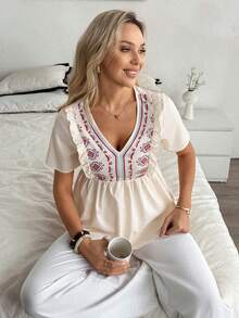 EMERY ROSE Apricot V Neck Peplum Blouse For Women Casual Short Sleeve Ruffle Hem Top With Plants Pattern - Apricot - View 5