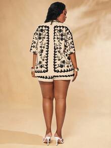 SHEIN SXY Plus Size Women's Spring&Summer Elegant Sexy Holiday Printed Beach Set With Short Sleeve Shirt And Elastic Waist Shorts 2PC-SET,Suitable For Everyday Wear,BOHO,Bohemian,Outing,Beach Vacation,Holiday,Seaside,Western Wear,Music Festival,Concert,Carnival Party,Richly Layered,Date Night,Ibiza,Nashville,Break,Modest,Chic,Club,Cute,Casul,Shopping, Streetwear,Going Out, ,Easy To Match&Looks Slim,Accent Your Body,Flatter The Figure Plus Size 2 Piece Sets Plus Size Summer Matching Sets Plus Size Cardigan - Black - View 2