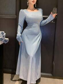 DAZY 女士优雅渐变银色方领花瓣袖中长连衣裙，春夏款 - 藍色 - 查看 7