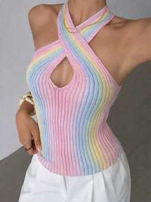 Selianne Women's Elegant Criss-Cross Halter Neck Sweater, Spring/Summer - Multicolor - View 1
