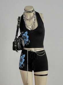 SHEIN DivaQ Women's Fashion Vacation Style Knit Printed 2 Pieces Set - Black - View 7