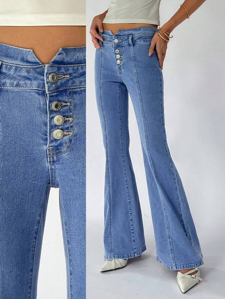 SHEIN TRNDY 女士休闲水洗低腰喇叭牛仔裤 - 藍色 - 查看 1