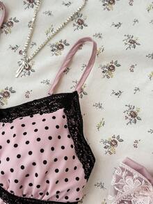 SHEIN 少女黑白波点蕾丝吊带背心，优雅白色蕾丝边吊带背心，适合夏季、度假、休闲、居家穿着，BM风格 - 粉色 - 查看 4