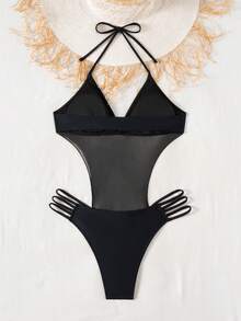 Swim SXY 1件纯黑色针织露背系带侧抽绳女士连体泳衣 - 黑色 - 查看 5