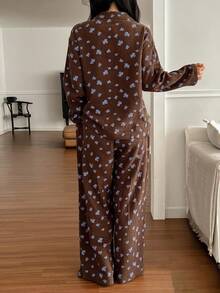 DAZY Floral Textured Chiffon Fabric Loose Women Pajama Set - Brown - View 2