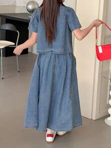 Hapijoa Bộ áo tay phồng cài cúc và chân váy denim cho bé gái tuổi teen - Màu xanh lam - Xem 6