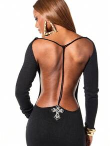 SUMWON WOMEN Distressed Knitted Maxi Dress Long Sleeve Open Back Bodycon Evening Dress With Cut Out Details And Cross Embellishment For Party Occasions - Black - View 2