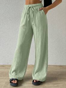 SHEIN EZwear 薄荷绿棉质宽松纹理褶皱抽绳腰裤 - 薄荷綠 - 查看 4