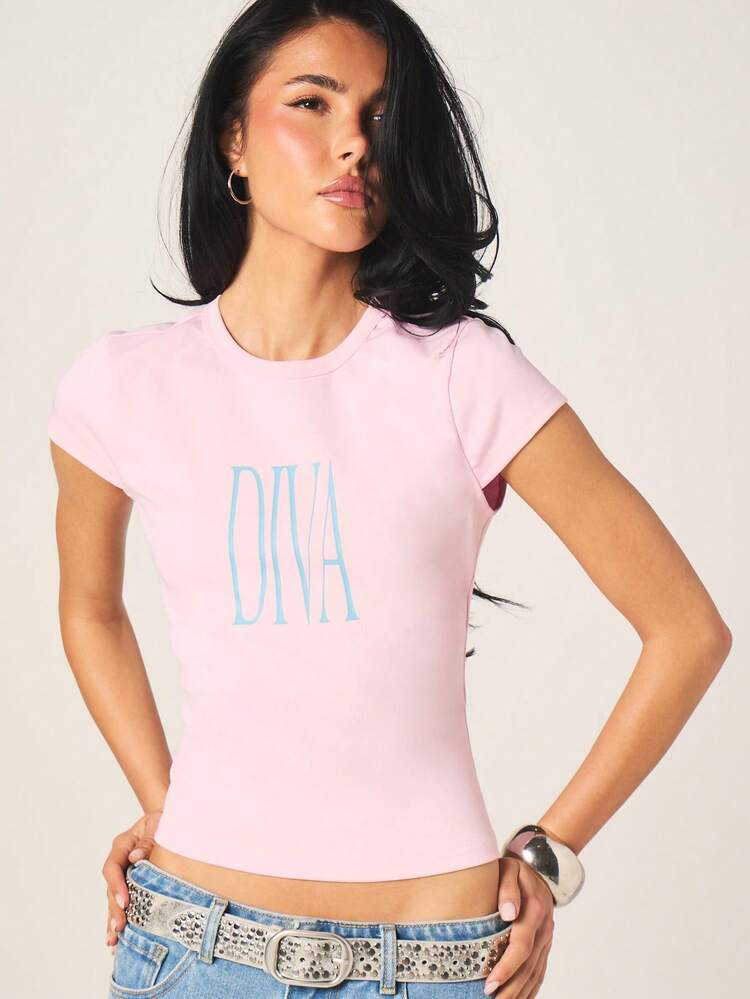 MISSGUIDED Women's DIVA Graphic Short Sleeve Crew Neck Baby Tee Casual Cotton T-Shirt Top