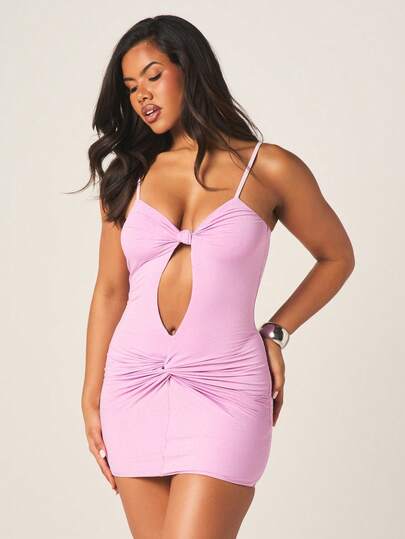 MISSGUIDED Vestido mini ajustado de mujer con detalles de arrugado, nudo y recorte en color rosa brillante, con aplicaciones de diamantes de imitación para fiestas, cócteles y eventos