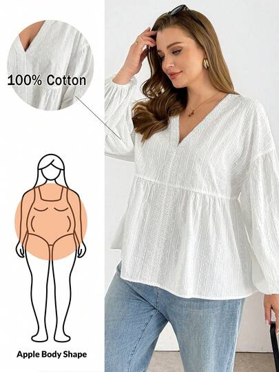 Shapeblank Plus-Size Women's Spring/Summer Fashion Casual Loose Comfortable Everyday Basic Versatile Slimming White Long-Sleeved Babydoll Shirt,Spring Outfits,Women Blouse,White Tops,Lace-Trimmed Top White Babydoll Top Lantern Sleeve Blouse V Neck Blouse