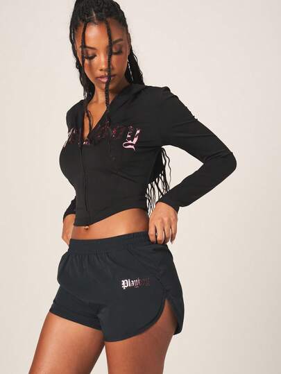 Missguided x Playboy Metallic Print Runner Shorts High Rise Athletic Training Shorts With Gothic Text Design For Active Fitness Gym Running Sports