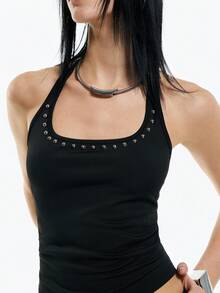 Airlisse Women's Black Studded Halter Neck Crop Top,Metal Rivet Detail Fitted Camisole,Y2K Punk Style Summer Top For Club,Party,Festival,Streetwear Casual Wear - Black - View 4