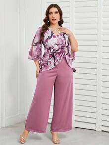 Reflora Bộ đồ 2 món dành cho nữ cỡ lớn, in họa tiết toàn thân, tay áo xẻ và quần ống rộng, thích hợp cho kỳ nghỉ lễ. - Nhiều màu - Xem 9