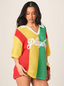 Missguided x Playboy Women's Oversized Crochet Knit Polo Top With Script Logo And Colorblock Stripes V-Neck Short Sleeve Summer Top - Multicolor - View 5