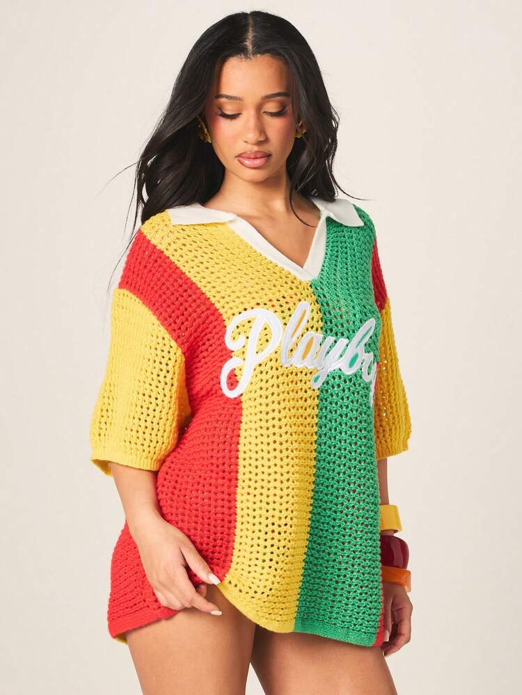 Missguided x Playboy Women's Oversized Crochet Knit Polo Top With Script Logo And Colorblock Stripes V-Neck Short Sleeve Summer Top