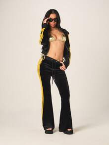 Missguided x Playboy Áo khoác nữ nhung mềm mại, khóa kéo toàn thân, điểm nhấn sọc vàng và thêu hình thỏ, phong cách đường phố mùa đông sang trọng, thường ngày. - màu đen - Xem 3