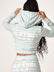 Missguided x Playboy 女士粉彩条纹全拉链连帽衫，带Logo，休闲卫衣外套，长袖抽绳 - 彩色 - 查看 2