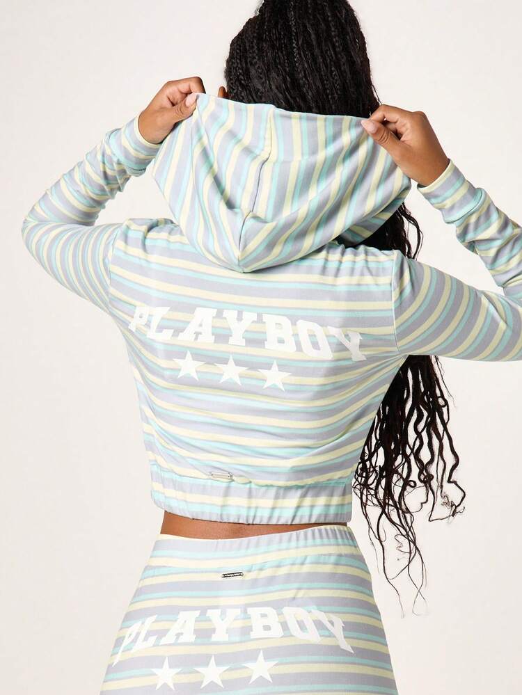 Missguided x Playboy 여성용 파스텔 스트라이프 풀 지퍼 로고 캐주얼 스웨트셔츠 재킷 긴팔 드로스트링 후드티