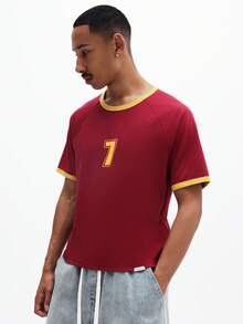 SUMWON 男士休闲修身短袖圆领滚边T恤，印有数字7图案 - 紅色 - 查看 4