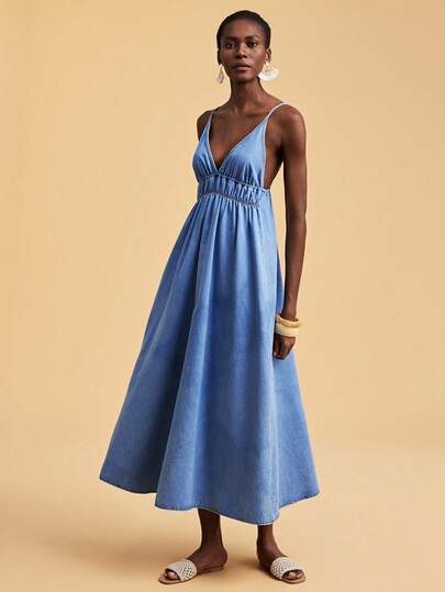 Travachic Women's Fashion Backless Spaghetti Strap Denim Dress For Vacation