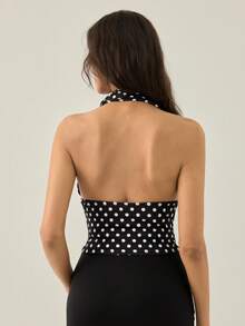 Gaivellea Women's Elegant Deep V Polka Dot Print Hollow Out Fitted Blouse - Black and White - View 2