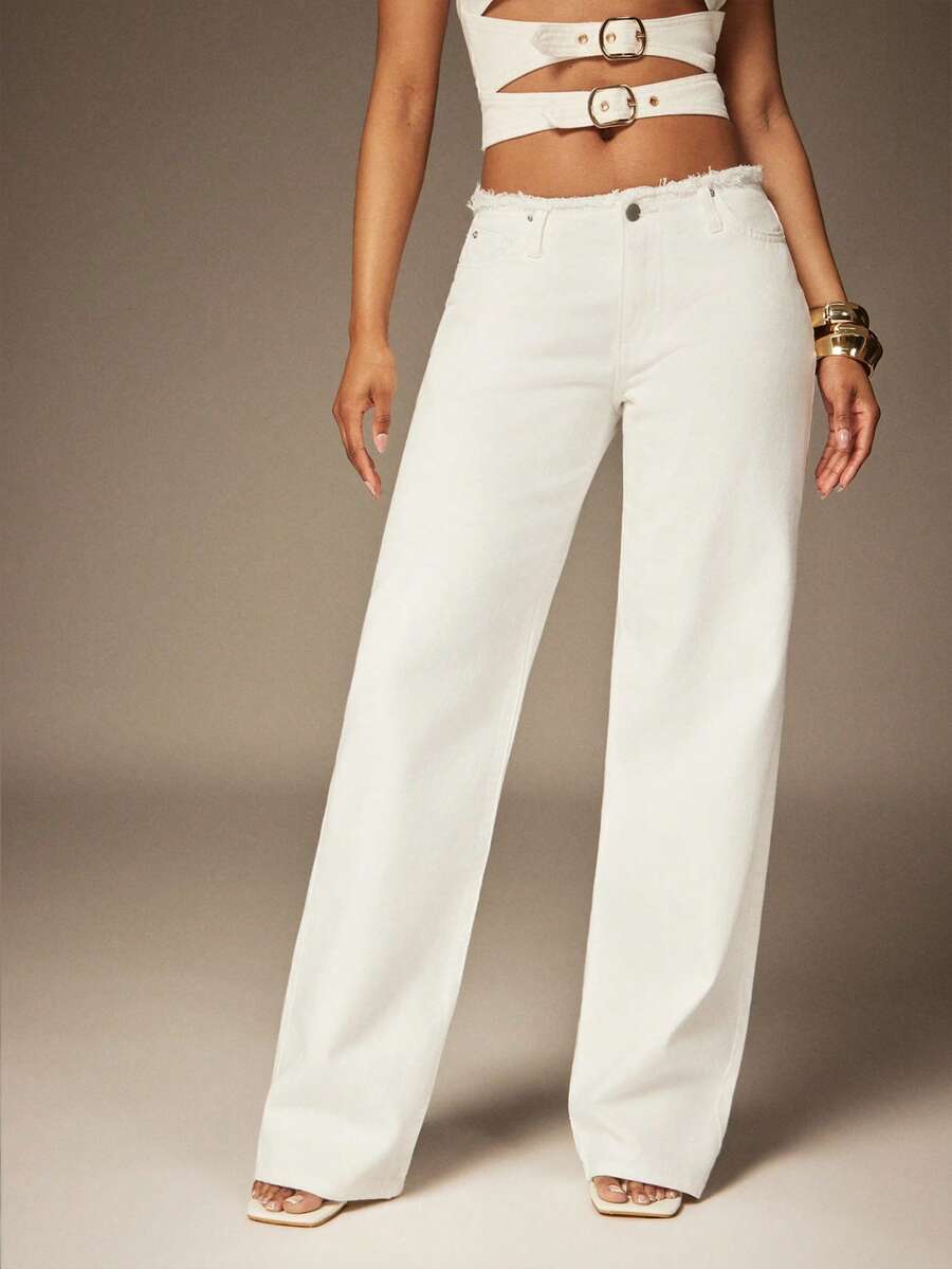 Denimoi Låg midja denimjeans med råa kanter sexiga jeans 90-talsinspirerande mode Y2K - Vitt - Visa 1