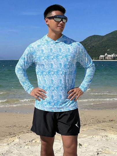 DAZY Men's Long Sleeve Floral Hooded Rash Guard, Swimwear For Summer