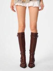 ROMWE Grunge Punk Botas de tacón alto hasta la pantorrilla con hebilla, de moda para mujer - Marrón - Ver 2