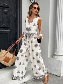 Pariaura 2pcs Women's Minimalist French Style Printed Blouse & Pants Set - Black - View 7