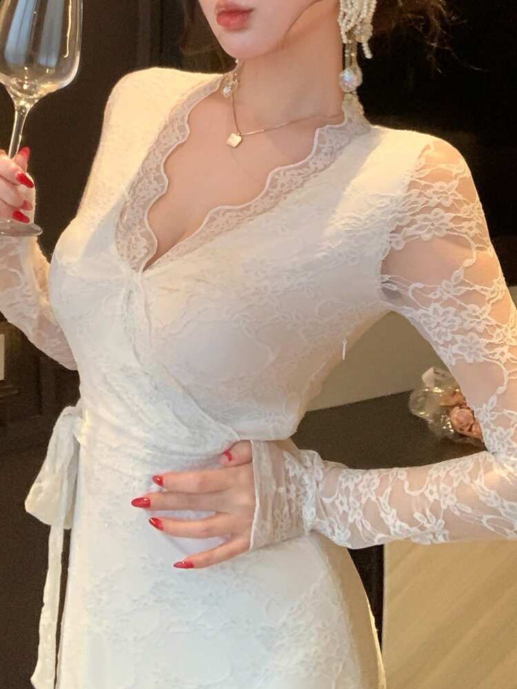 Women's Solid Color V-Neck Raglan Sleeve Lace Long Dress