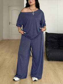 Coolane 女士大码春夏简约街头风日常休闲运动舒适露肩T恤和阔腿运动裤两件套 - 藍色 - 查看 6