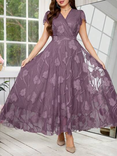 Reflora Gaun Organza Motif Bunga Elegan Ukuran Plus untuk Wanita, Gaun Tamu Pernikahan Musim Panas Warna Biru Royal, Gaun Pesta Panjang, Gaun Upacara Formal & Liburan Malam Hari