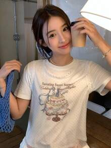 DAZY 女士圆领韩版卡通印花网纱荷叶边叠层两件套 - 白色 - 查看 4