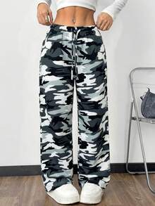 SHEIN EZwear Women's Knit Casual Camo Print Wide Leg Pants - Black and White - View 3