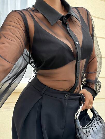 Dazy Plus Plus Size Women's Turndown Collar Single-Breasted Mesh Sheer Sexy See-Through Long Sleeve Blouse