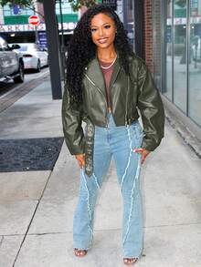 Steph T Women's Fashion Zip-Up Stand Collar Motorcycle Jacket, Autumn Fall Winter Cloth For Women - Army Green - View 4