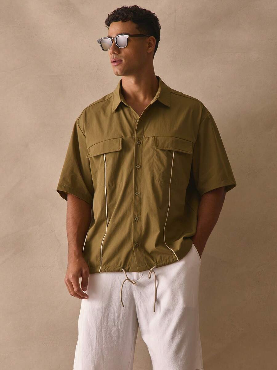 Musero Short Sleeve Boxy Button Through Dropped Shoulder Top Double Utility Flap Style Pocket Binding Pipe Details Shirt Spring Summer Essentials Holiday - Army Green - View 1